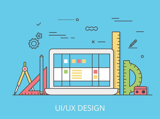 Free Vector linear flat ui/ux interface design web site hero image  illustration. user experience, projecting and testing app and software concept. laptop, digitizer, rulers and wireframe