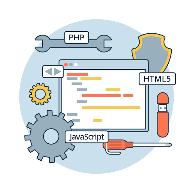 Linear Flat web application code  illustration. App development concept. PHP, JavaScript, HTML5, cogwheels, screwdriver and program editor interface.