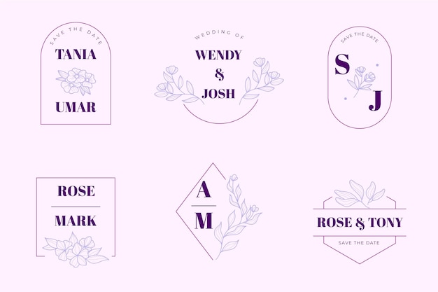 Free Vector linear flat wedding logos collection