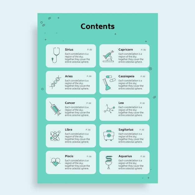 Linear hand drawn medical textbook table of contents