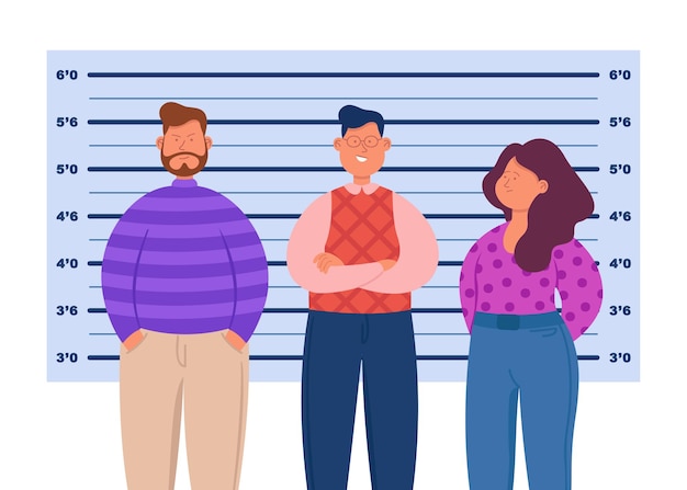 Free Vector lineup of cartoon suspects at police station. witnesses, bandits or mafia people, identification of criminals flat vector illustration. crime, law concept for banner, website design or landing page