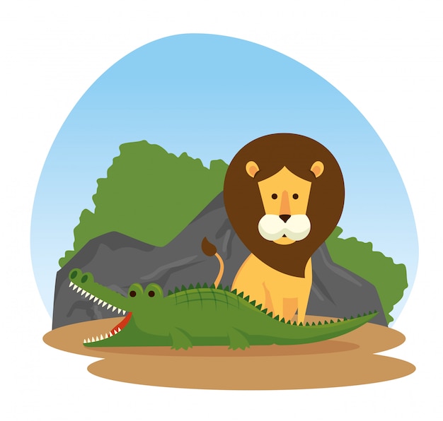 Free Vector lion and crocodile wild animals reserve