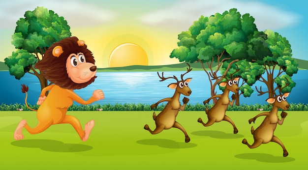 Free vector lion and deers running in the park