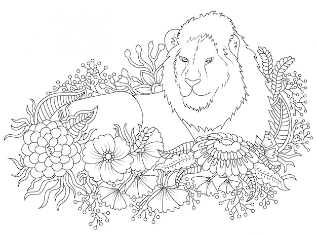 Lion and flower illustration to color