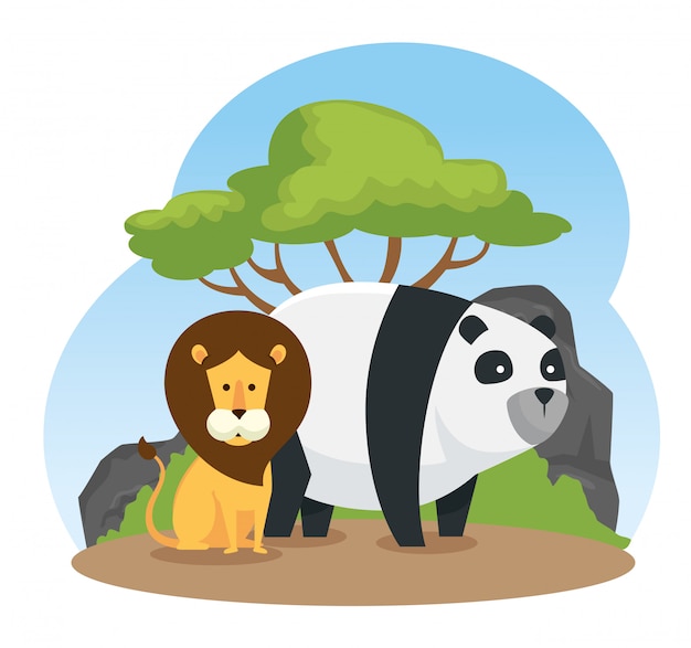 Lion and panda wild animals with tree and bushes