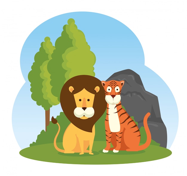 Free Vector lion and tiger wild animals reserve