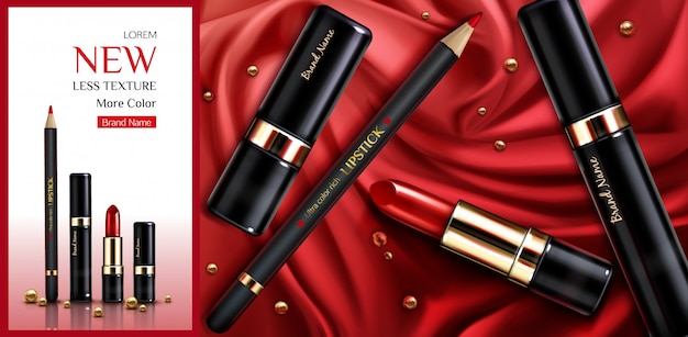 Lipstick cosmetics makeup beauty product ad banner. 