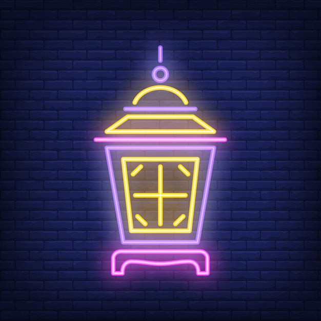 Free Vector lit up lamp neon sign. bright garden lantern on dark brick wall background.