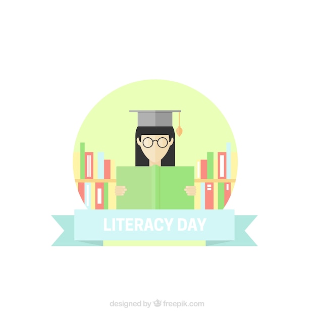 Free Vector literacy day background with woman reading a book in flat design