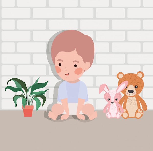 Little baby boy with stuffed toys character