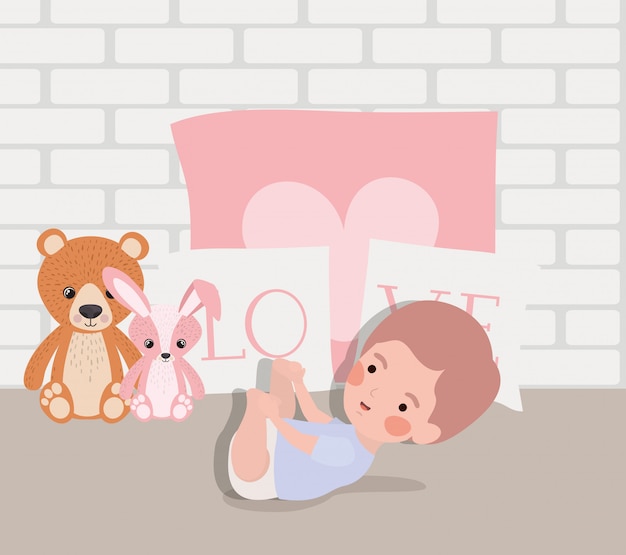 Free Vector little baby boy with stuffed toys character