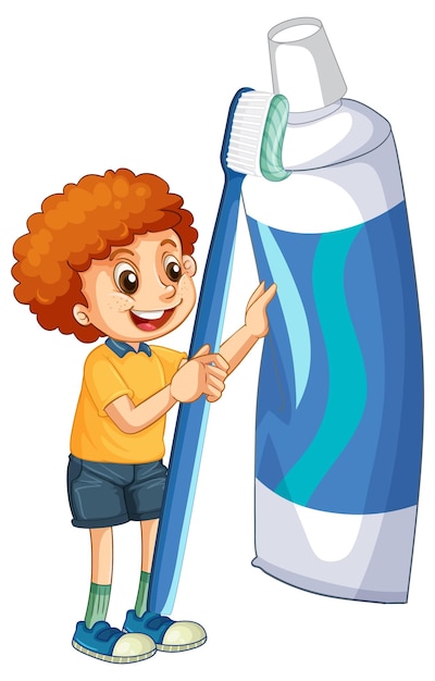 Free Vector a little boy holding toothpaste and toothbrush on white backgrou