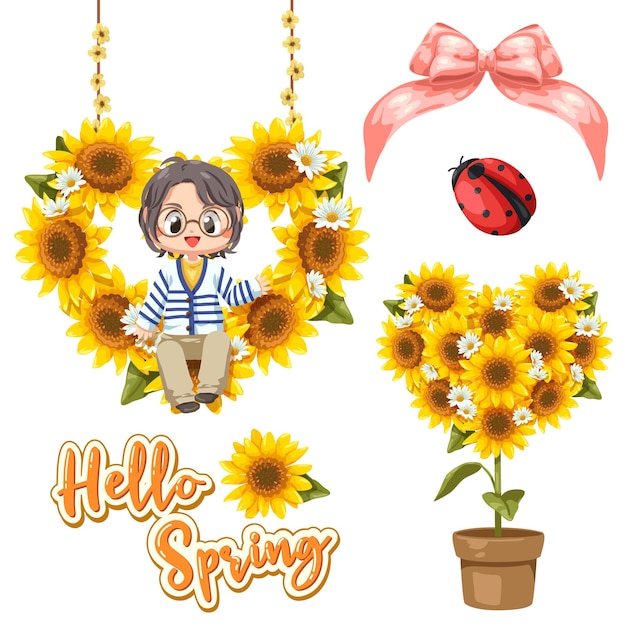 Free Vector a little boy is sitting on a collection of heart shape sunflower frame with ribbon.