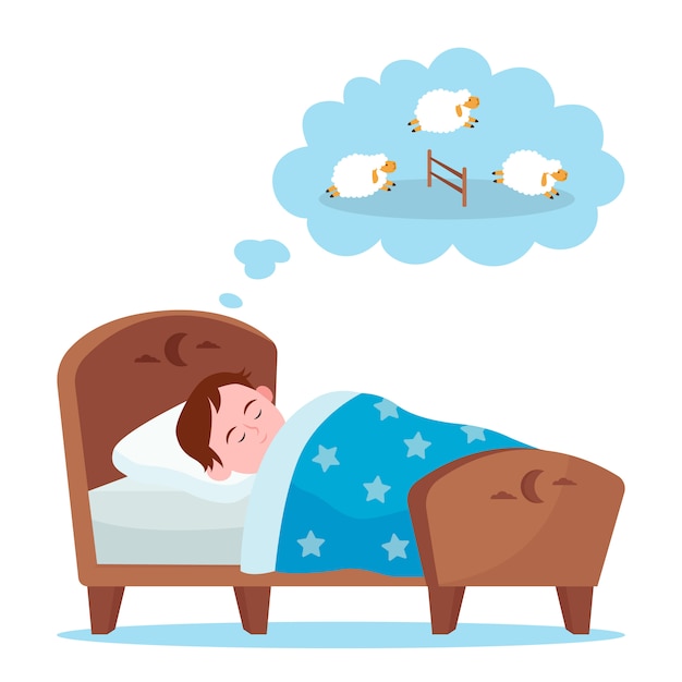 Free Vector little boy lying in bed and counting sheep