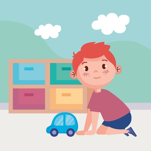 little boy playing with car character