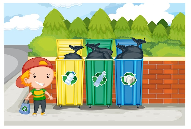 Free Vector little boy standing beside recycling bins