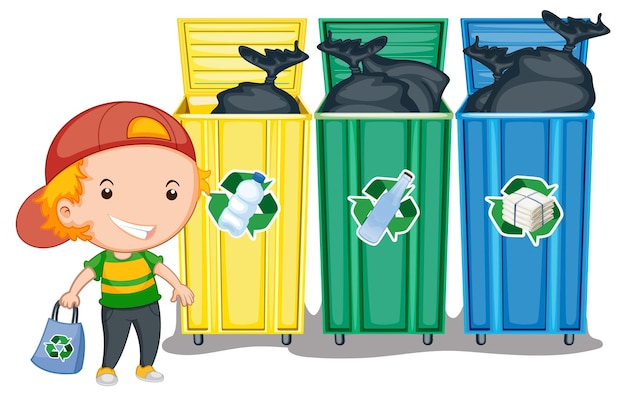 Free Vector little boy standing beside recycling bins