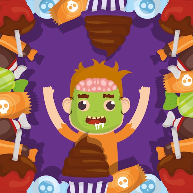 Little boy with zombie disguise and candies character