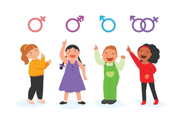 Free Vector little boys and girls are presenting the lgbt symbol.