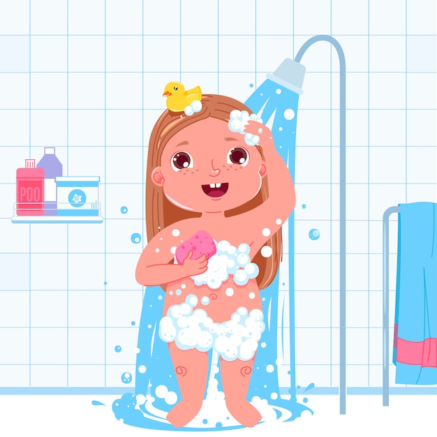 Little child girl character take a shower. Daily routine. Bathroom interior background. 