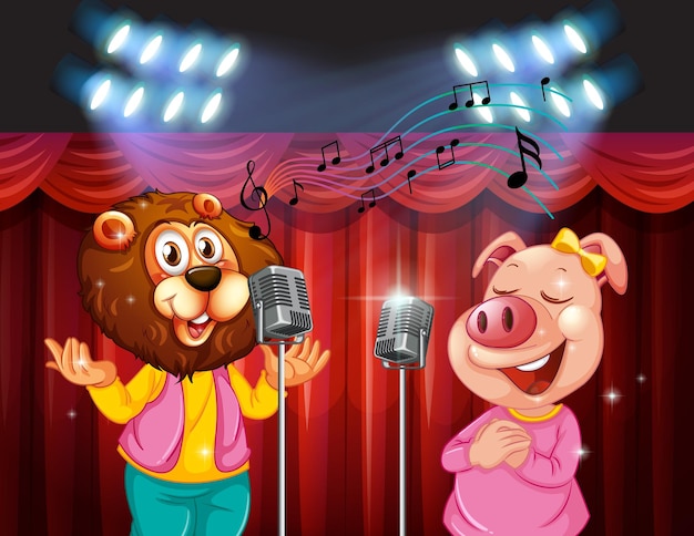 Free Vector little cute animals singing on stage