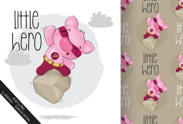 Free vector little cute pig hero character on the rock