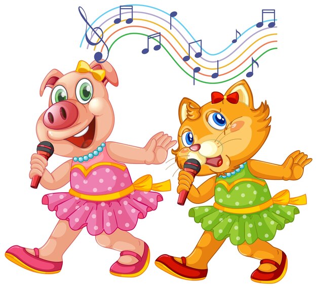 Little cute piglet and kitten singing with microphone