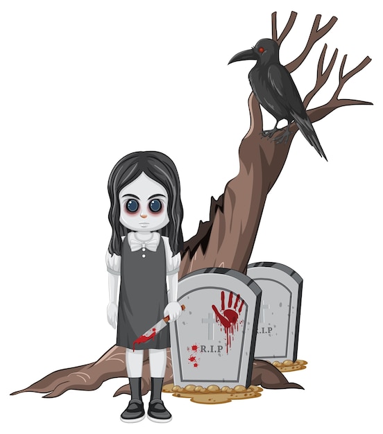 Free vector little ghost girl with gravestone and crow