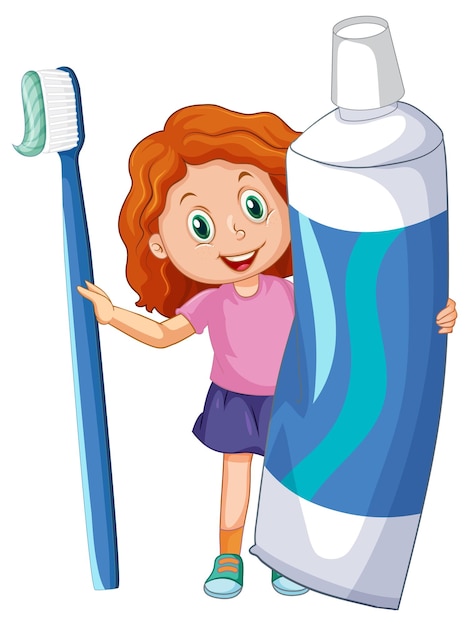 Free Vector a little girl holding toothpaste and toothbrush on white backgro