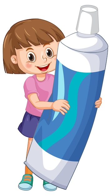 Free Vector a little girl holding toothpaste on white background