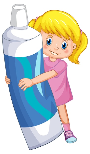 Free Vector a little girl holding toothpaste on white background