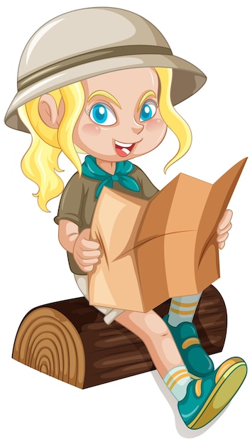 Free Vector little girl on log reading a map