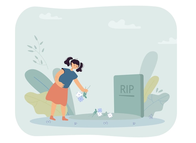 Free Vector little girl putting flowers on grave. sad orphan character in cemetery, gravestone flat vector illustration