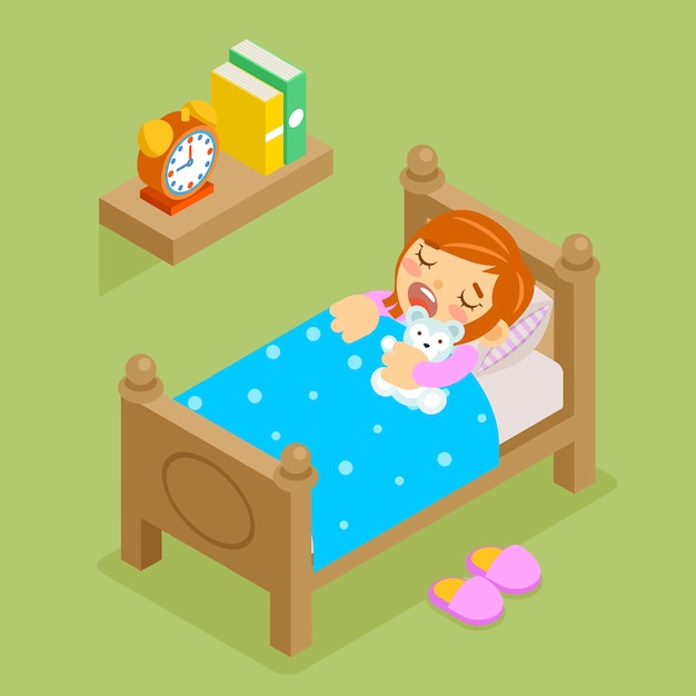 Free Vector little girl sleeping teddy bear. isometric 3d comfortable bedroom, rest bedtime.