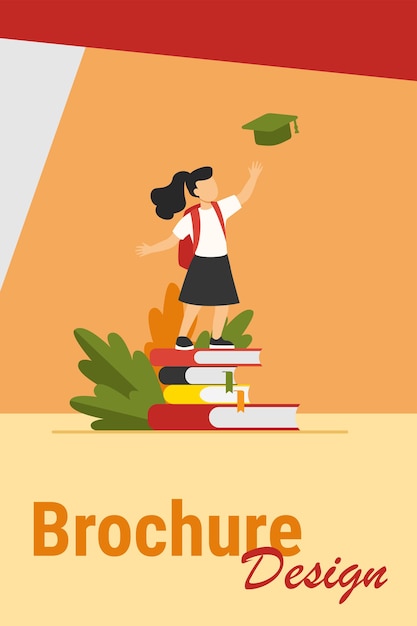 Little girl standing on pile of books. Study, school, pupil flat vector illustration. Education and knowledge concept for banner, website design or landing web page