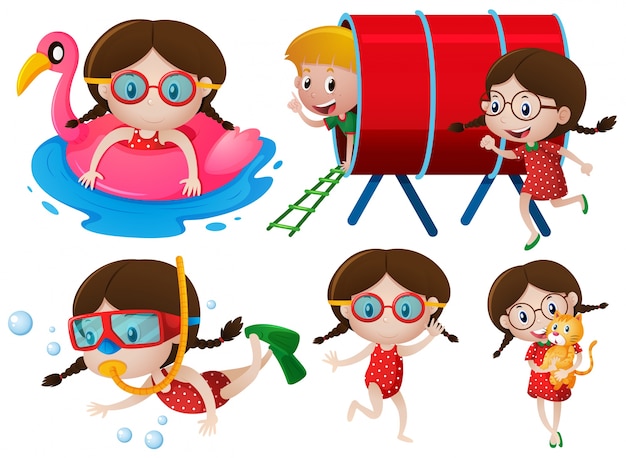 Free Vector little girls doing many activities