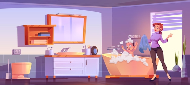 Free vector little kid washing in bathtub with foam and mother