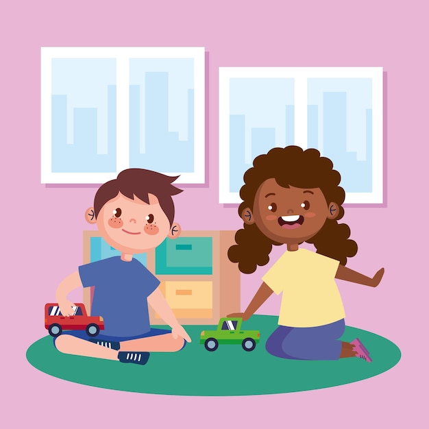 Free Vector little kids couple playing with cars