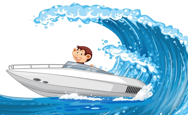 Little monkey driving speed boat on ocean wave