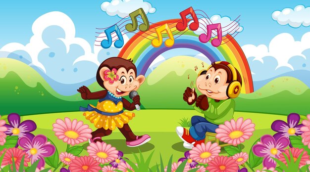 Little monkeys singing in forest landscape with rainbow