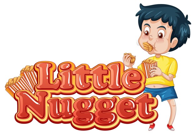 Little Nugget logo text design with a boy eating chicken nuggets