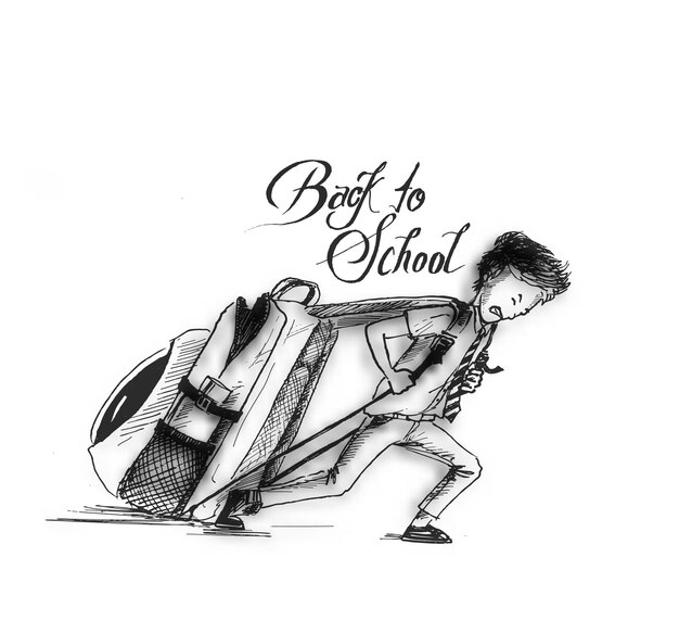 Little School student pull their heavy bag with text of back to school vector illustration