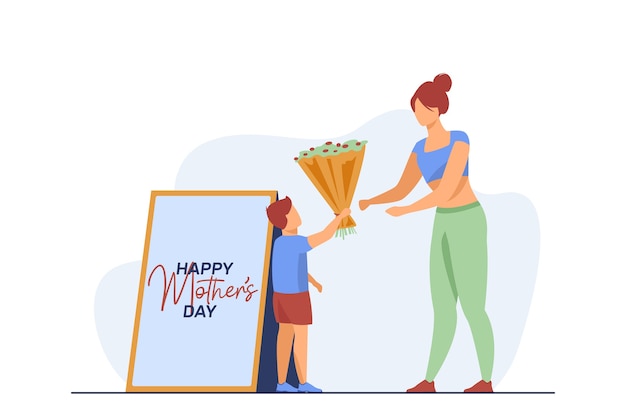 Free Vector little son giving flowers to young mother. gift, parent, child flat vector illustration. holiday, parenthood and family