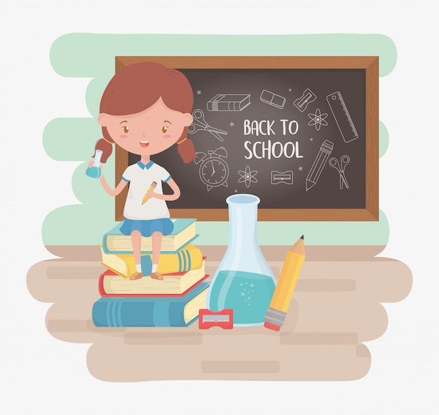 Free Vector little student girl with chalkboard and school supplies