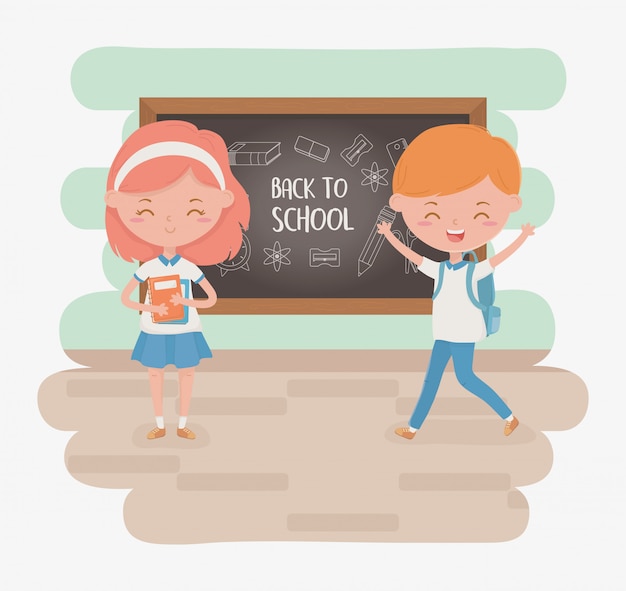 Free Vector little students couple with chalkboard and school supplies