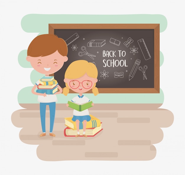 Free Vector little students couple with chalkboard and school supplies