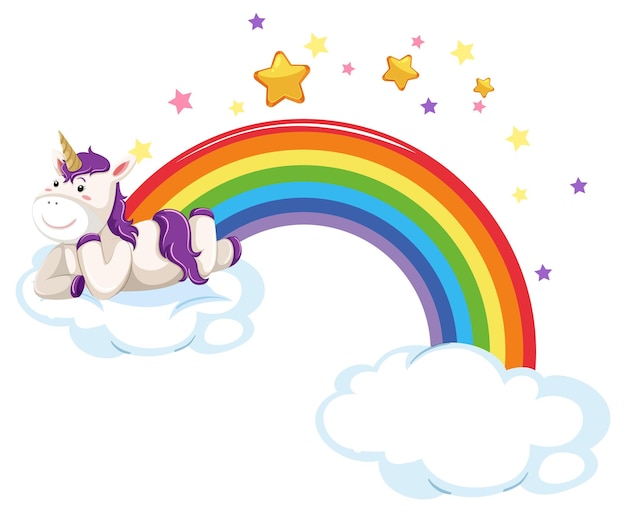 Free Vector little unicorn lying on a cloud with rainbow