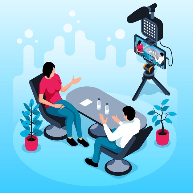 Live streaming isometric background with male and woman characters talking at table and shooting video by smartphone camera vector illustration