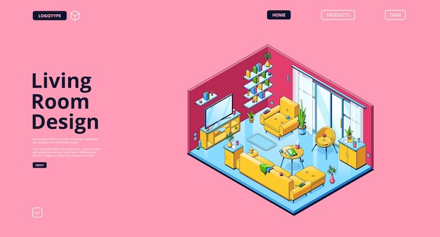 Living room design web layout with isometric interior