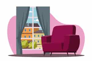 Free vector living room interior design background room with purple armchair window with curtain and city view